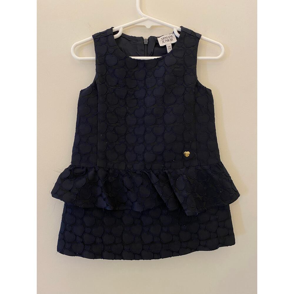 Armani Junior Infant Baby Girl Dress Navy Blue Heart Print Pleated 2A 2 94 CM